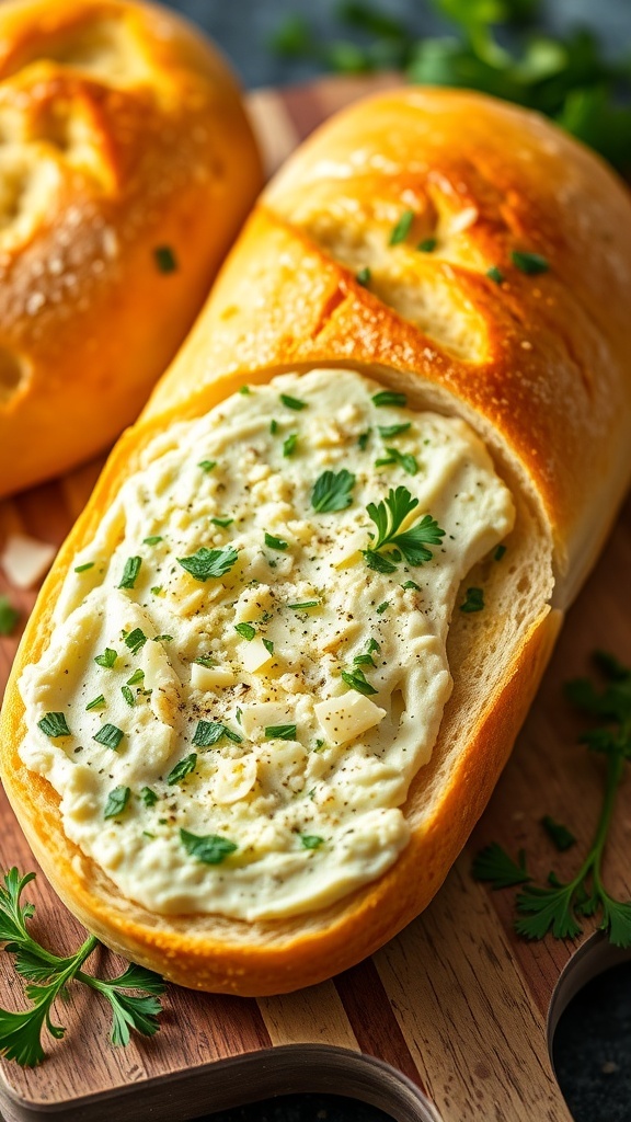 Ultimate Garlic Bread Recipe Golden garlic bread with butter, garlic, and parsley on a wooden cutting board.
